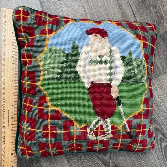 Needlepoint Golf Pillow Handmade Vintage Decorative 13x13  Golfer Velvet Zipper - Picture 7 of 9